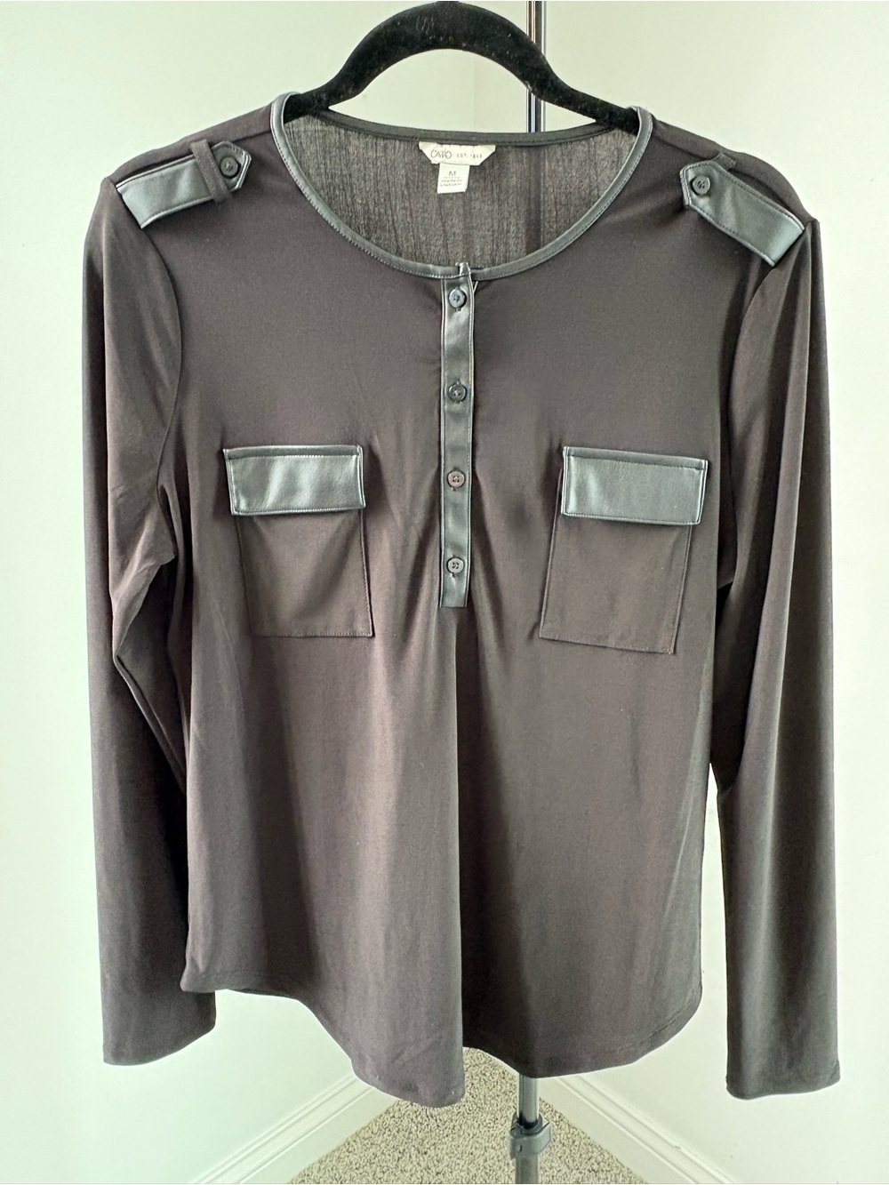 Cato Black Long-Sleeve Henley with Faux-Leather Trim
